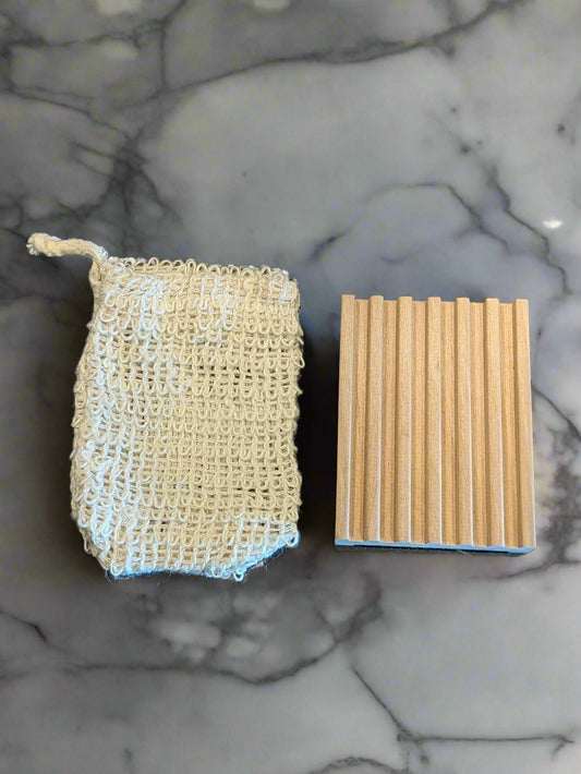 Bamboo Soap Dish and Sisal Exfoliating Soap Saver Bag Set